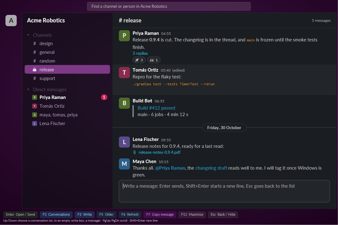 slackfx showing the release channel of an invented workspace: a message with reactions and a thread, a code line, a build attachment, a file and a mention